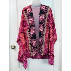 LINDEX Womens Kimono Boho Loungewear M Paisley Open Front Bohemian Pink Purple